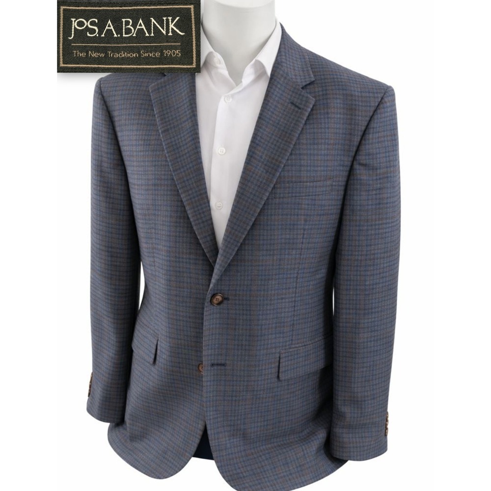 Jos. A. Bank Blazer Coat Suit Jacket Wool Blue Gingham‎ Window Plaid 50R 52"